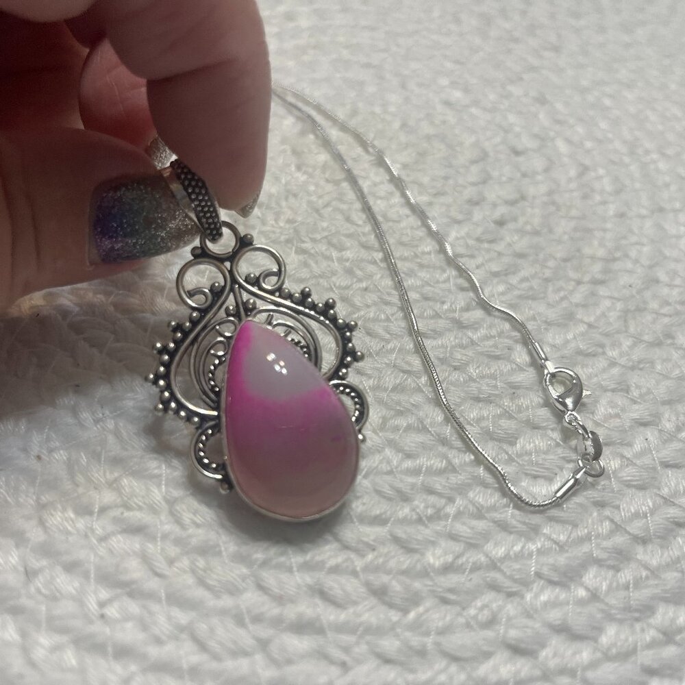 Beautiful PINK DENDRITE OPAL Handmade Sterling 925 Pendant/Chain #209D